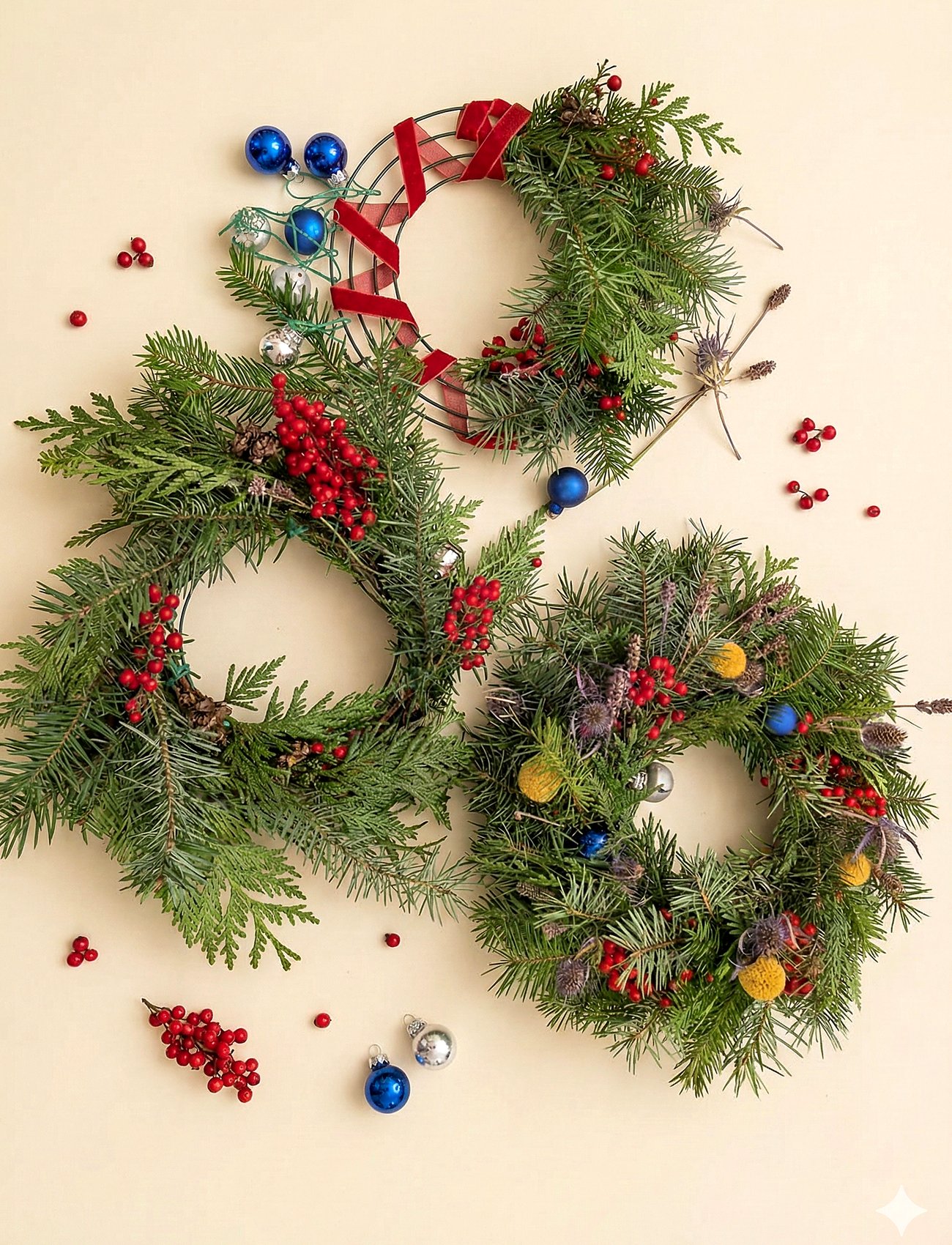 Holiday wreath collection — fresh evergreens, red berries, glass ornaments, and craspedia